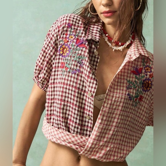 Red and White Embellished Crop Button Down Top